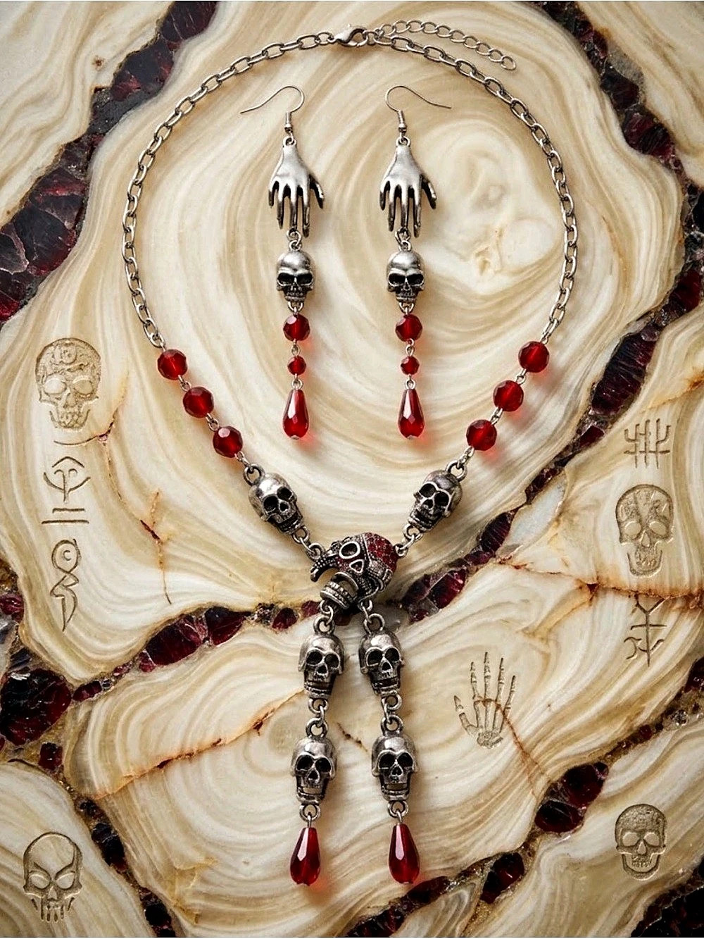 Gothic Silver Skull Necklace & Earrings Set Red Bead Halloween Jewelry